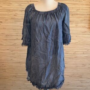 easel Indigo Blue frayed edges Chambray dress medium 85% tencel 15% cotton EUC!